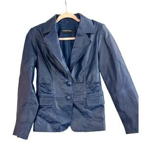 COLLEEN LOPEZ Blue Genuine Leather Button Jacket Blazer Pleated Ladies Women’s